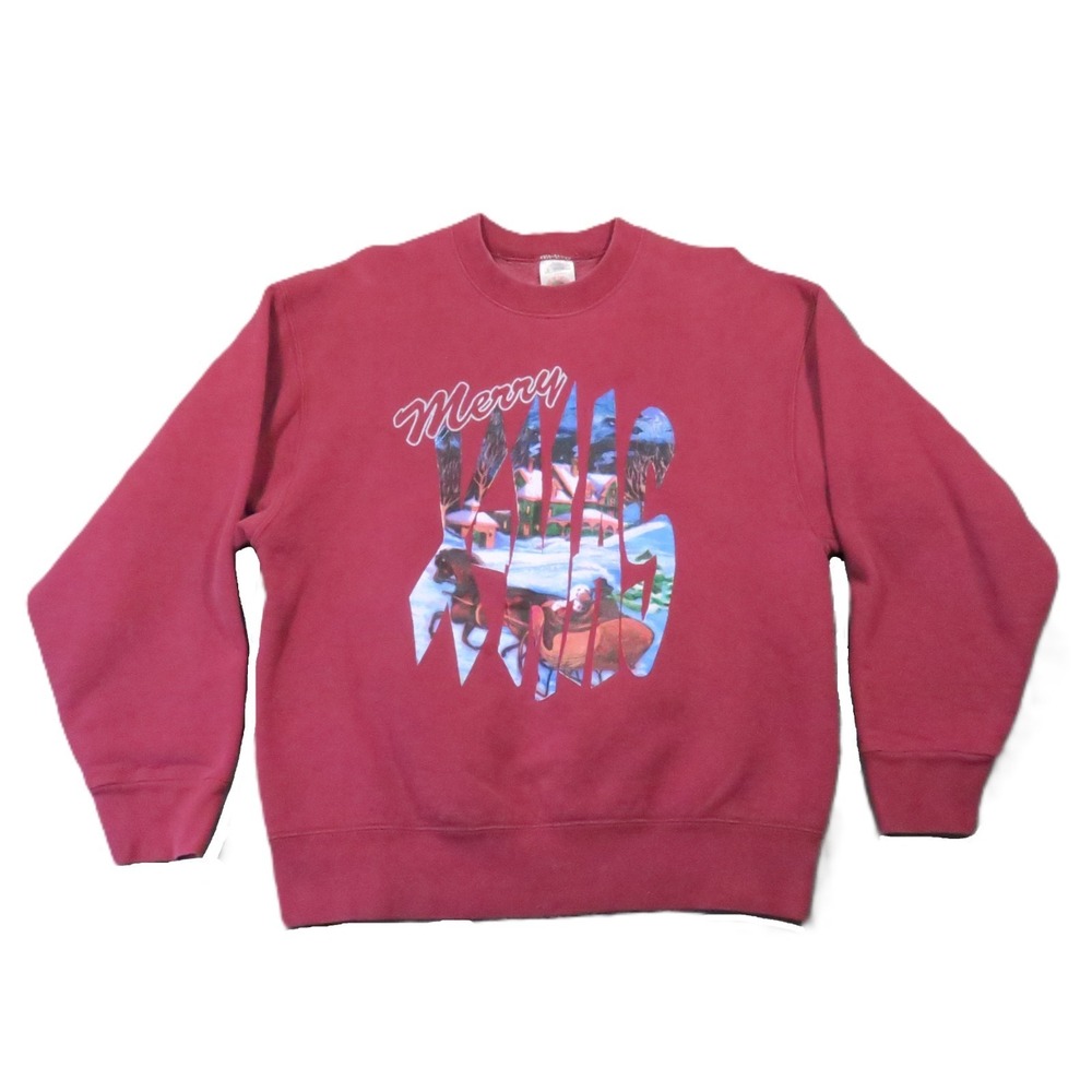 Vintage Merry Xmas Graphic Sweatshirt Adult L Maroon 90s Holiday Festive Teacher